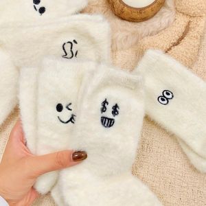 Toddler Mink <b>Fleece</b> <b>Socks</b> Mid Calf Thickening Breathable With Embroidered Faces Autumn Wear - Product Image 1