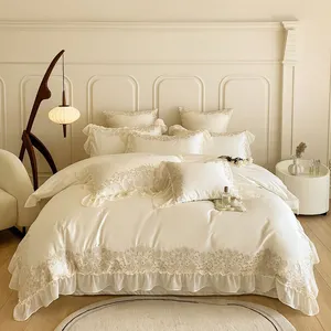 Hot Sale100 % Baumwolle ausgefallene weiße Stickerei Bettwäsche atmungsaktive High-End-Bett bezug in voller Größe