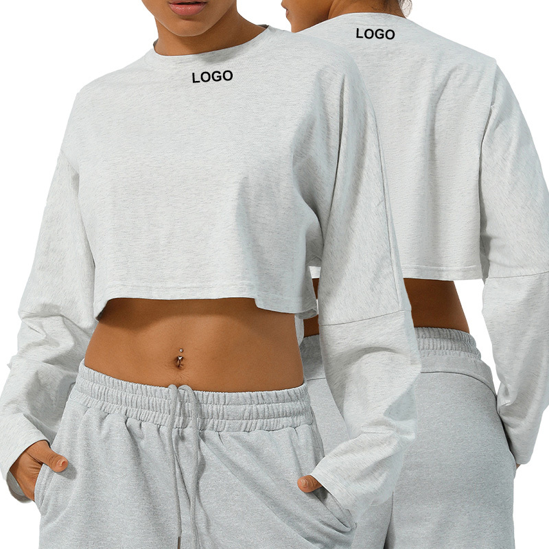 SM2335 Women's Loose Long Sleeve Yoga Top Round Neck Short Fitness T-Shirt Breathable Running Top Solid Pattern for Adults
