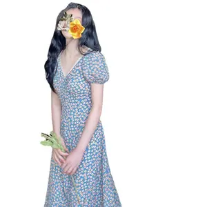 2024 primavera y verano nuevo estilo de jardín azul con cuello en V vestidos femeninos manga de burbuja vestido floral elegante vestido delicado