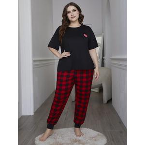 Plus Size Women's Pajama Set Black <b>Red</b> Plaid Long Pants Short Sleeve Milk <b>Silk</b> Loungewear for Home and Outdoor Use - Product Image 1