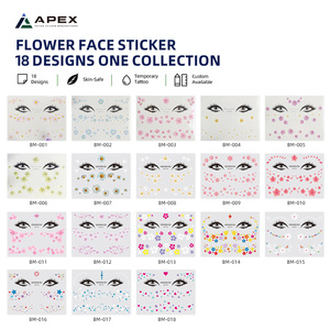 Adesivi per il Viso Stile Coreano, Tatuaggi Temporanei 120x158mm, Trucco per Occhi e Guance, 18 Design per Festival e Concerti - Product Image 2