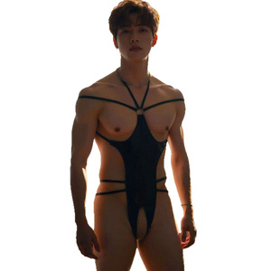 Combinaison rouge pour homme, entrejambe ouvert, pas besoin de se déshabiller, nuisette coquette style abstinence, veste en cuir transparente sexy - Product Image 4