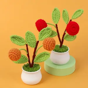 Vasos de simulação artificiais feitos à mão para decoração, flores artificiais de tecido, fio de lã eterna, maçã, caqui, flor de malha