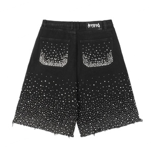 Custom <b>Men's</b> Vintage Jeans <b>Shorts</b> with Rhinestone <b>Baggy</b> Fit and Raw Edge Hem Streetwear Style by Manufacturers - Product Image 2