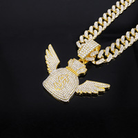 Collier unisexe tendance en alliage plaqué argent/or avec pendentif en forme de sac d'argent ailé, dollar et papillon orné de cristaux, idéal pour les fêtes