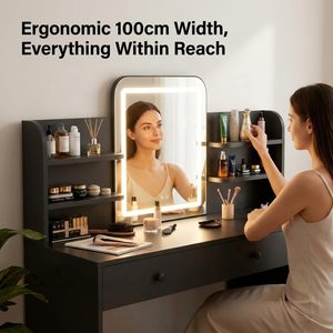 Tocador <span class=keywords><strong>de</strong></span> Maquillaje con Espejo LED, 5 Estantes Inclinados, 7 Espacios <span class=keywords><strong>de</strong></span> Almacenamiento Abiertos, 3 Cajones e Iluminación Ajustable - Product Image 2