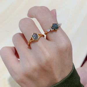 Gioielli minimalisti pietra naturale anello aperto in argento Sterling 925 regolabile semplice anello di promessa di agata muschiata acquatica esagonale - Product Image 6