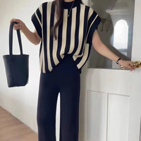 Ensemble Décontracté d'Été Deux Pièces Grande Taille Femme, Tricot Lâche Régulier Rayé Respirant en Polyester Gaufré, Pull et Pantalon Large