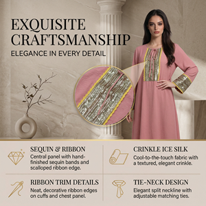 Soft <b>Pink</b> Abaya for Women Woven Trim Loose Fit Daily OEM - Product Image 2