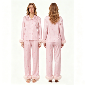 Conjunto de Pijamas de Satén con Adorno de Plumas para Mujer, Estampado de Lazos, Manga Larga, Ropa de Dormir al por Mayor - Product Image 6