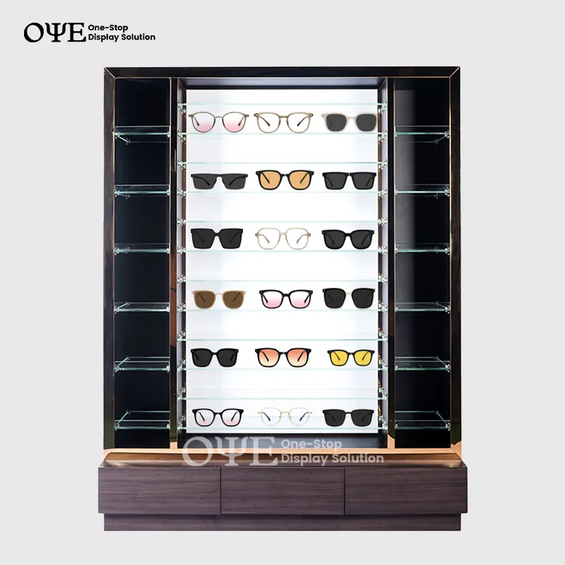 Customized Retail Wooden Optical Shop Wall Shelf Decorations For Retail Sun Glasses Wood Eyeglasses Displays Cabinet Showcase