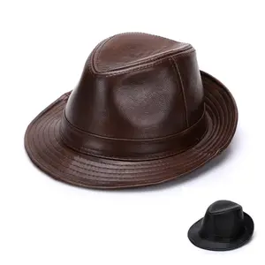 Leather cowhide men top wide brim fedora hats middle aged autumn winter english gentleman jazz fedora hats