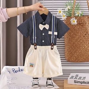 Ensemble de vêtements pour garçons en bas âge, chemise rayée à manches courtes, nœud papillon, short à bretelles, <span class=keywords><strong>tenue</strong></span> formelle d'été - Product Image 4