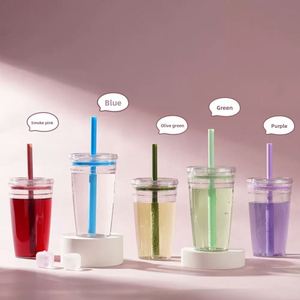 แก้วน้ำพลาสติก Tritan แบบใช้ซ้ำได้ ขนาด 450 มล. หลายสี ผนังเดี่ยว โปร่งใส พร้อมหลอดดูด สำหรับชานม กาแฟ รับผลิตตามสั่งขายส่ง - Product Image 1