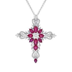 Collar con Colgante de Cruz de Moda, Perla de Imitación, Rubí Cultivado en Laboratorio, Cadena de Eslabones, Estilo Romántico para Fiesta, Certificado de Tasación de Terceros - Product Image 2