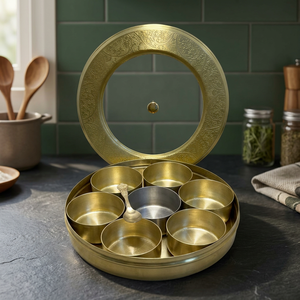Premium Round Brass Spice <b>Box</b> with Glass Window Lid 7 Containers Etched Border Indian Masala Dani Kitchen Organizer Set - Product Image 1