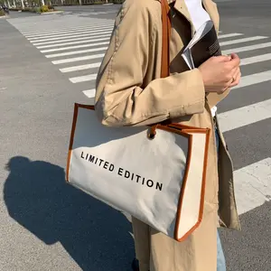 Customised Limited Edition Logo Normcore Canvas Tote PU Leather Handle Binding Large Capacity Handbag Tote Bag for Women Female