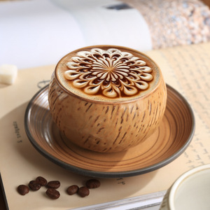 Juego de Taza y Platillo de Café de Cerámica de Coco Ecológico Hecho <span class=keywords><strong>a</strong></span> Mano de 300 ml, Apto para Lavavajillas, para Cafeterías, Restaurantes, Pedidos al por Mayor - Product Image 3