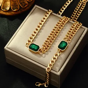 CDD Fashion Metal Thick Necklace Bracelet For Women Green Crystal Vintage Luxury Chain Jewelry Set Party Accessories