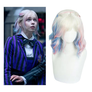 Peluca de <span class=keywords><strong>Cosplay</strong></span> de <span class=keywords><strong>Anime</strong></span> Shinein TV Series Wednesday, Color Rosa Pastel Azulado Degradado, Peluca Sintética Ondulada Corta Tipo Bob de Enid Sinclair con Flequillo - Product Image 5