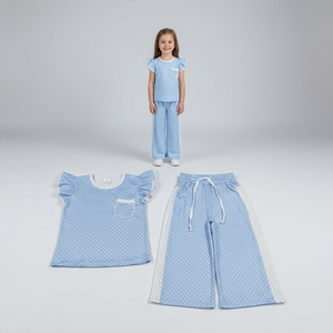 Conjuntos de ropa para bebés y niñas, top con bolsillos y pantalones acampanados con lunares azules - Product Image 1