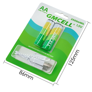 แบตเตอรี่แบบชาร์จไฟได้ผ่านพอร์ต USB 1.5V AA 2500mwh 3000mwh แบตเตอรี่ลิเธียมไอออน  แบตเตอรี่ชนิด AAA AA แบบ Type C - Product Image 1