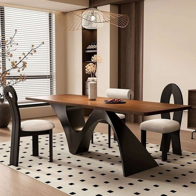 French Modern Rectangular 6 Seater Dining Table and Chairs with Wooden Top Metal Legs for Home & Hotel Dining Rooms