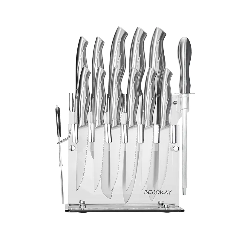 Juego de cuchillos de cocina de acero inoxidable de alto carbono, conjunto de cuchillos de Chef dentados con soporte acrílico, 14 Uds.
