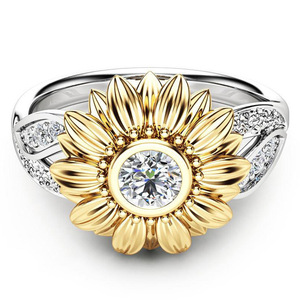 Anillo de girasol bicolor con diamantes para mujer, oro blanco con diamantes de talla brillante redonda, joyería para uso diario - Product Image 3
