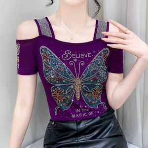Luxury Diamond Breathable <strong>Mesh</strong> Women <strong>Tops</strong> Shinny <strong>Rhinestone</strong> Butterfly T Shirts in the Magic of Believe Out off Shoulder T-shirt - Product Image 1