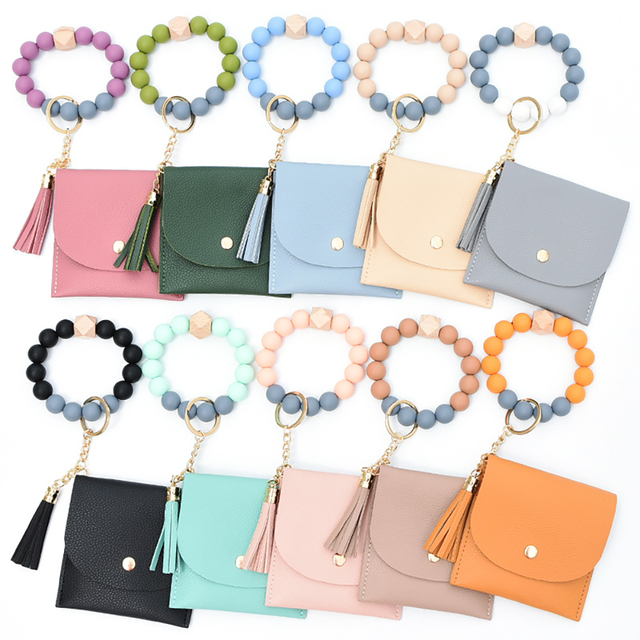 Custom Card Holder Keychain Coin Purse Silicone Bead Bracelet Leather Beads Tassel Wristlet Wallet Keychain for Women