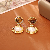 Boucles d'oreilles pendantes œil de tigre en cuivre style vintage français, plaqué or, haut de gamme, élégantes et simples, pour femme, collection de niche