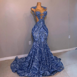 S3468L Nuovo Abito Elegante 2026 in <span class=keywords><strong>Velluto</strong></span> Blu a <span class=keywords><strong>Maniche</strong></span> <span class=keywords><strong>Lunghe</strong></span>, Stile Sirena con Vita Definita, <span class=keywords><strong>Vestito</strong></span> da Sera - Product Image 2