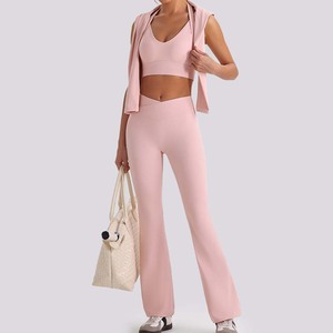 YIYI Set Yoga 3 Pezzi <span class=keywords><strong>con</strong></span> Zip e Collo Alto per <span class=keywords><strong>Donne</strong></span>, Leggings a Vita Incrociata e Gamba Larga, Completo Fitness da Palestra, Abbigliamento Sportivo per <span class=keywords><strong>Donne</strong></span> - Product Image 4