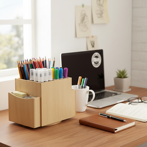 Organisateur de crayons de maquillage et de soins de la peau, boîte de rangement en bois pour bureau - Product Image 1