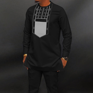 Completo Elegante da <span class=keywords><strong>Uomo</strong></span> con Pantaloni Ricamati Girocollo a Maniche Lunghe Tinta Unita Due Pezzi <span class=keywords><strong>Abbigliamento</strong></span> Sociale <span class=keywords><strong>Etnico</strong></span> Africano da <span class=keywords><strong>Uomo</strong></span> - Product Image 3