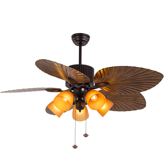 Modern Retro Copper Motor 52 Inch 5 Blades Black Ceiling Fan with LED Light Remote Control Chandelier