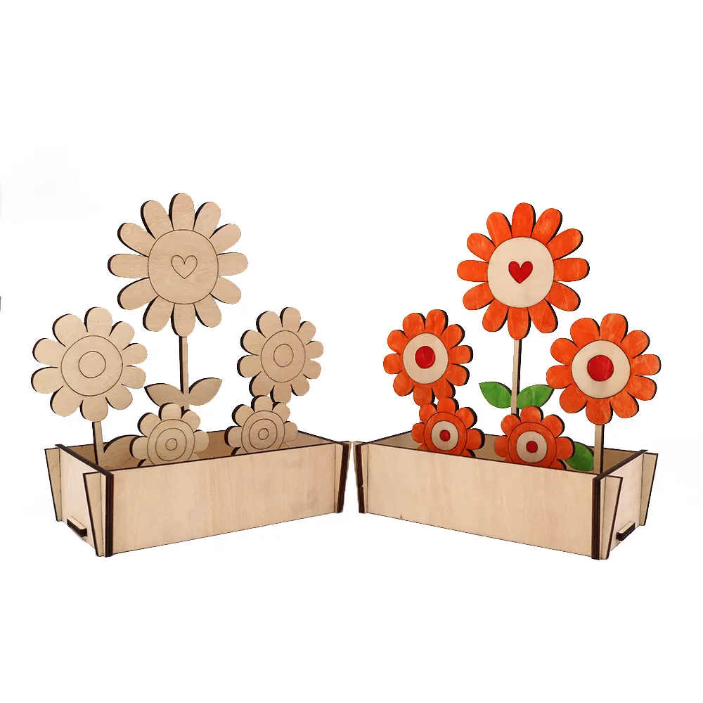 Diy Unpainted wooden sunflower educational toys for kids