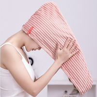 FF6437 Serviette de séchage pour cheveux à rayures avec logo personnalisé pour femmes, turban pour cheveux, bonnet en polaire corail super absorbant