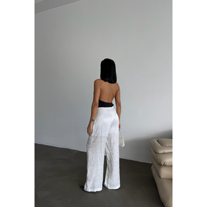 Pantalon large décontracté en satin jacquard respirant pour femme, taille élastique, blanc, taille XL, avec bande latérale décorative colorée - Product Image 1