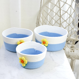 Phong Cách Mới Làm Bằng Tay Màu Bông Sợi Dây Thừng Dệt Giỏ Lưu Trữ Hộp Đồ Chơi Tổ Chức Giỏ Với Hoa Trang Trí - Product Image 4