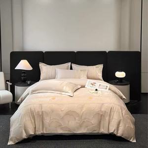 Parure de lit de luxe léger 60S en coton lavé et soie, broderie florale en relief, pliée, 300TC, portable, 4 pièces, taille King/Queen, polyester, qualité hôtelière - Product Image 5