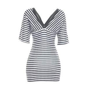 Vestido Viviblook C26DS256 para Mujer, Verano, Nuevo, Estampado a Rayas, Cuello en V, Espalda Descubierta, Manga Corta, Mini Vestido Ajustado - Product Image 5