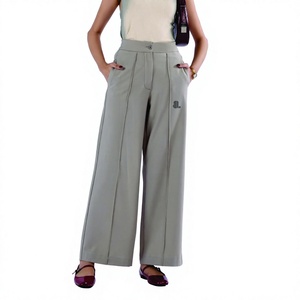 Pantalon large gris pour femme, taille haute, plissé, coupe ample, longueur intégrale, couleur unie, style décontracté avec poches et braguette boutonnée - Product Image 1