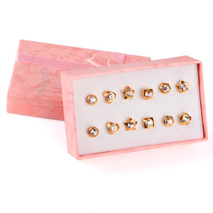 Stud Earrings Set Heart Star Flower Hexagon Square Screw Shape Crystal Bezel Setting Women's Everyday Wear Gold Tone - Product Image 4