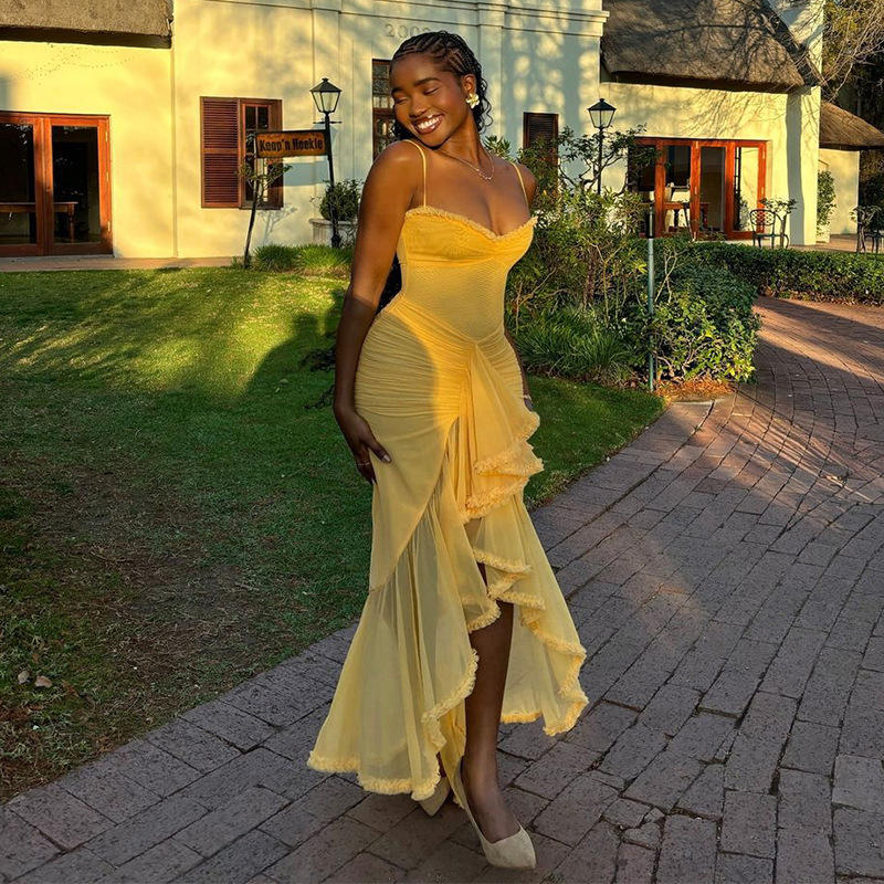 Yellow Sexy Backless Tight Dress Evening Dress Sleeveless Hip Wrap Ruffled  Dresses