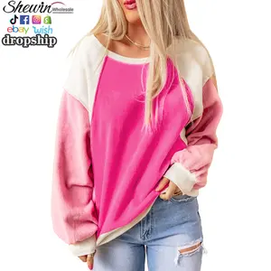 Shewin Dropshipping Winter Long Sleeve Pullover Women Hot Pink Color Block Sweatshirt Fleece