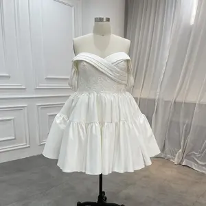 Custom Made Sweetheart Neck Ruched <strong>Top</strong> Lace Elegant Satin Curves <strong>Bride</strong> Plus Size Short Wedding Dress - Product Image 1