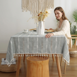 Gray Striped Linen Cotton <b>Tablecloth</b> With Tassels Minimalist Home Decor <b>Square</b> Woven Print - Product Image 1